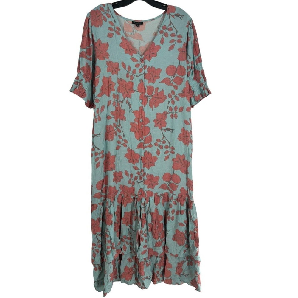 Labo Rosa Women's Blue Botones Dress Floral Print V-Neck Ruffle Hem Size XL $275 - Picture 2 of 7